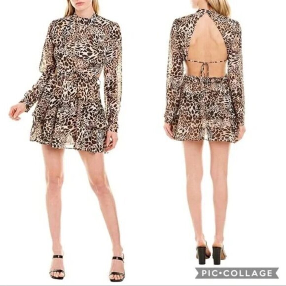 Blue Life Women's Brown Leopard Print Long Sleeve Drawstring Mini Dress Size S